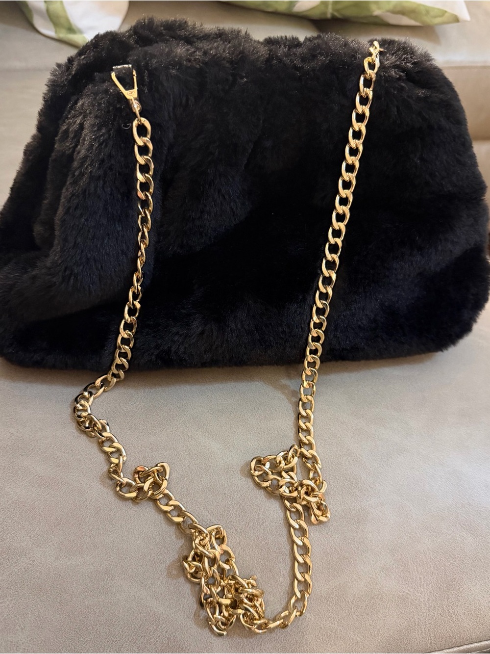 Anthropologie Black Faux Fur Shoulder Bag Gold Chain Clutch Crossbody Purse